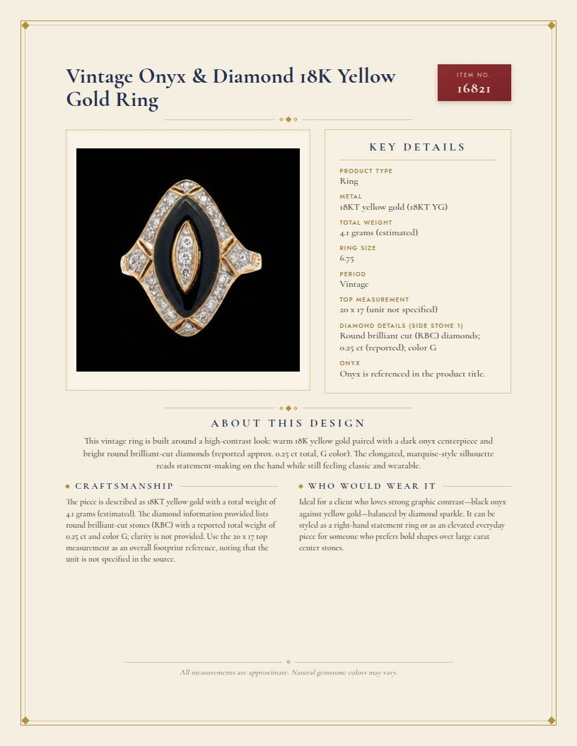 Vintage Onyx & Diamond 18K  Yellow Gold Ring — anatomy card