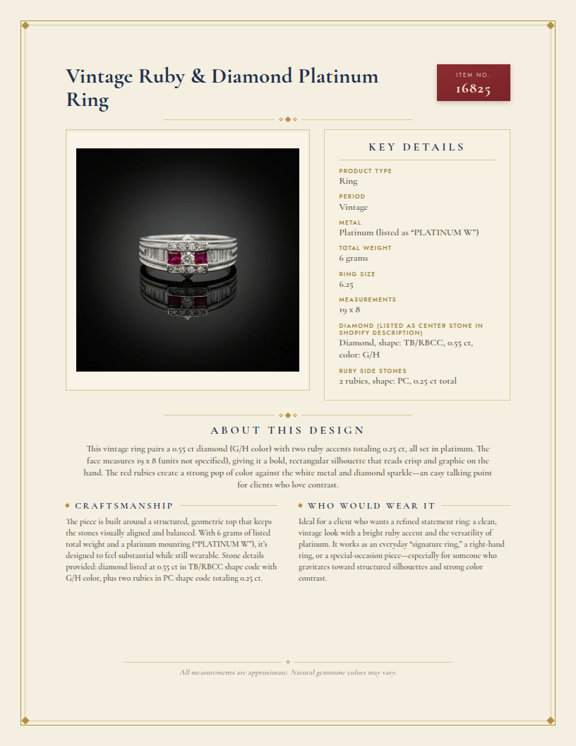 Vintage Ruby & Diamond Platinum Ring — anatomy card