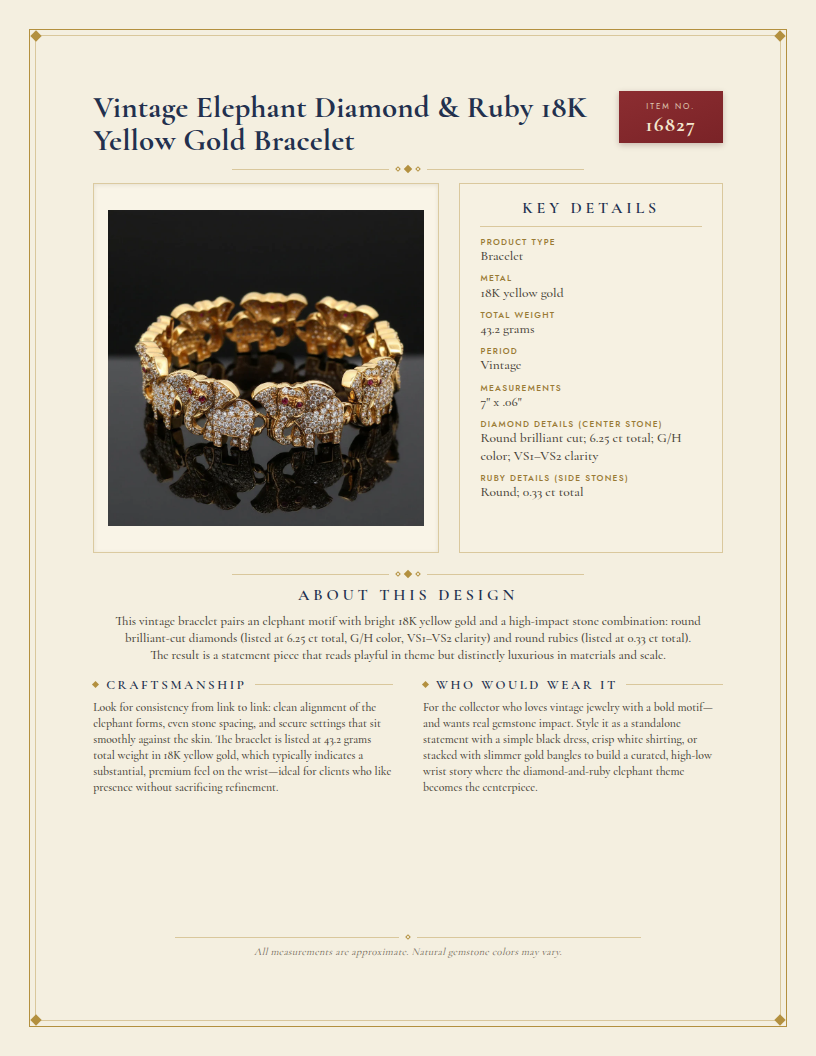 Vintage Elephant Diamond & Ruby 18K Yellow Gold Bracelet — anatomy card