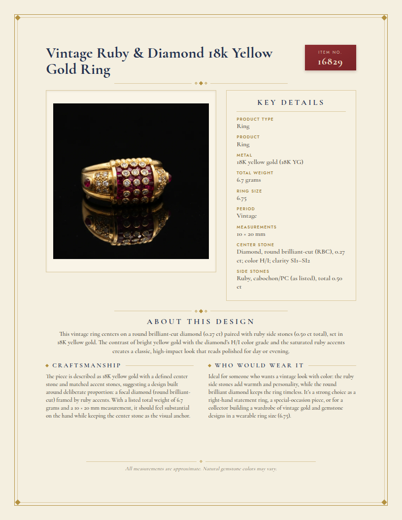 Vintage Ruby & Diamond 18k Yellow Gold Ring — anatomy card