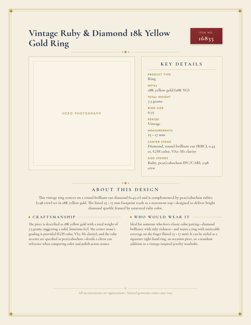 Vintage Ruby & Diamond 18k Yellow Gold Ring — anatomy card