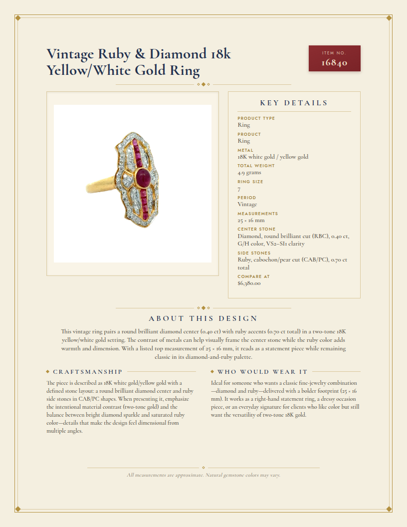 Vintage Ruby & Diamond 18k Yellow/White Gold Ring — anatomy card