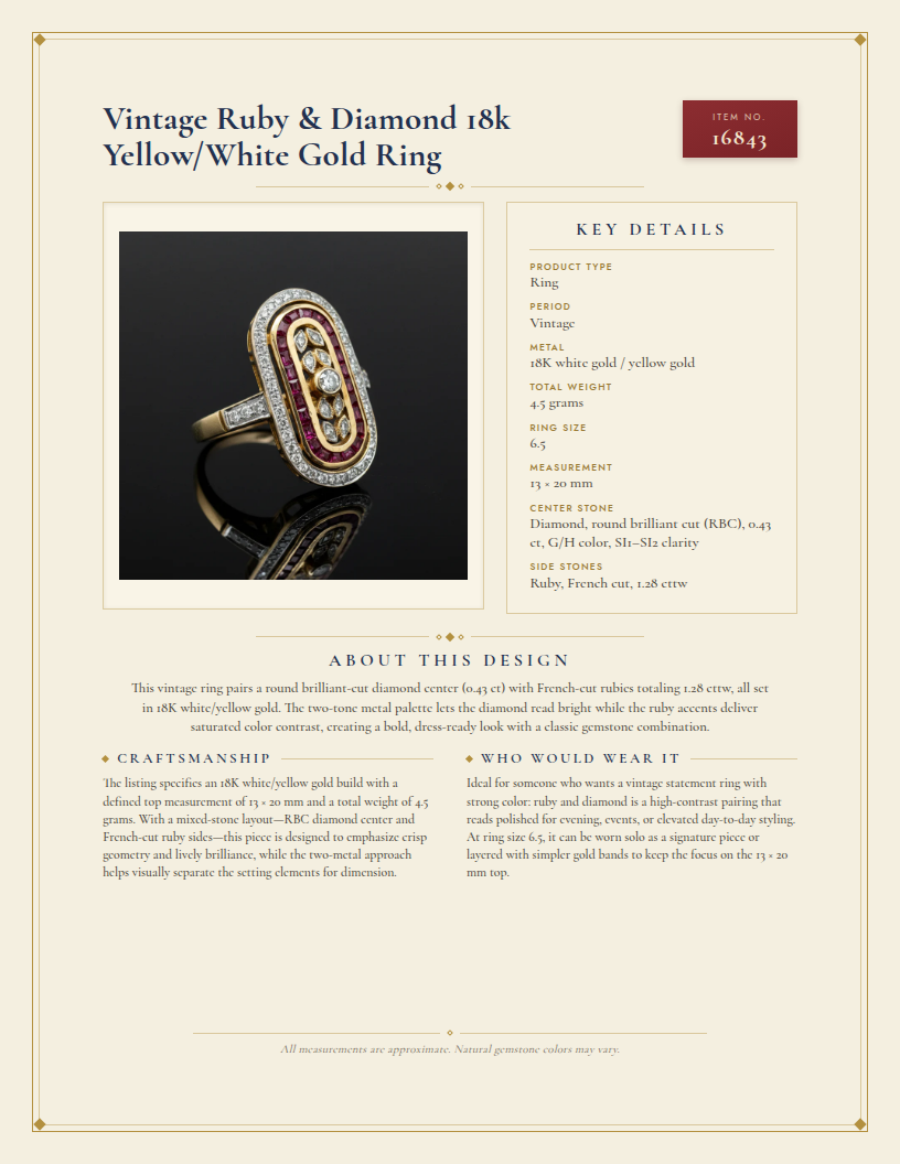 Vintage Ruby & Diamond 18k Yellow/White Gold Ring — anatomy card