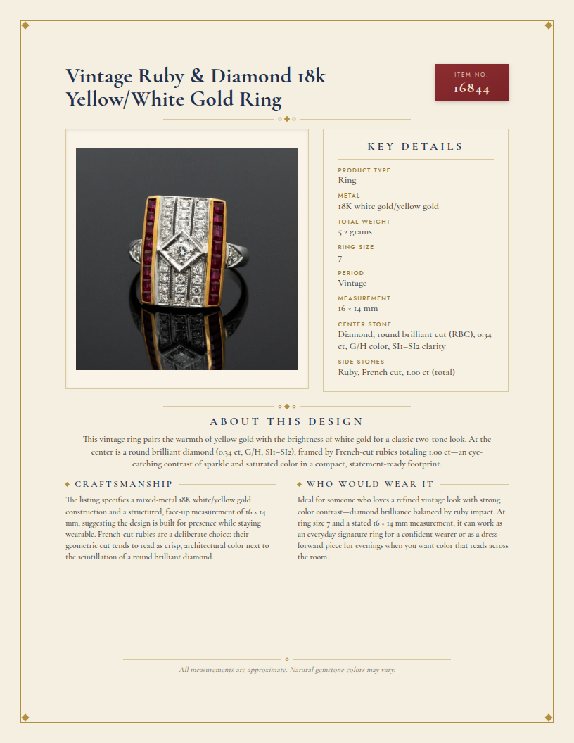 Vintage Ruby & Diamond 18k Yellow/White Gold Ring — anatomy card