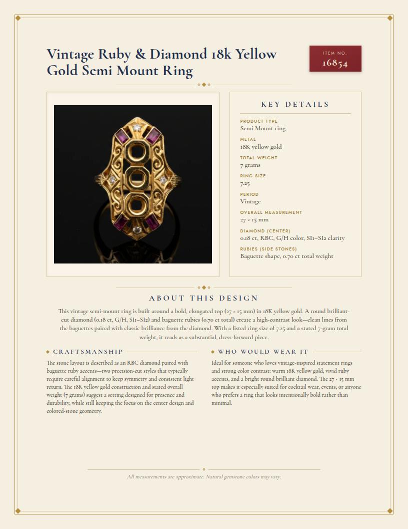 Vintage Ruby & Diamond 18k Yellow Gold Semi Mount Ring — anatomy card