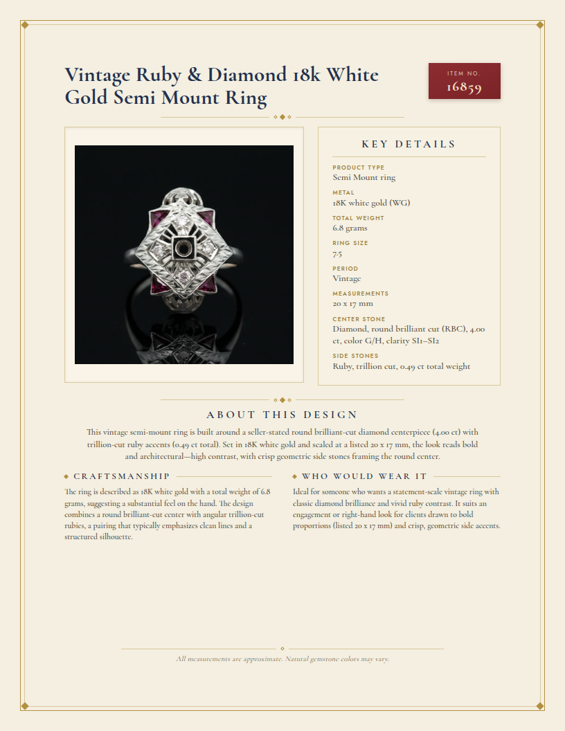 Vintage Ruby & Diamond 18k White Gold Semi Mount Ring — anatomy card