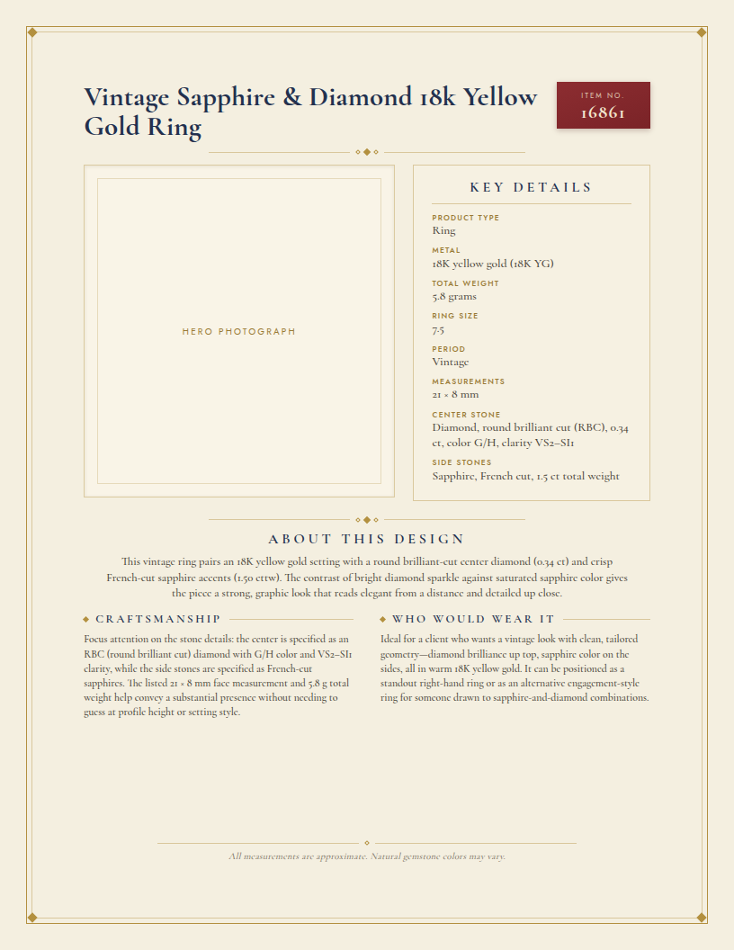 Vintage Sapphire & Diamond 18k Yellow Gold Ring — anatomy card