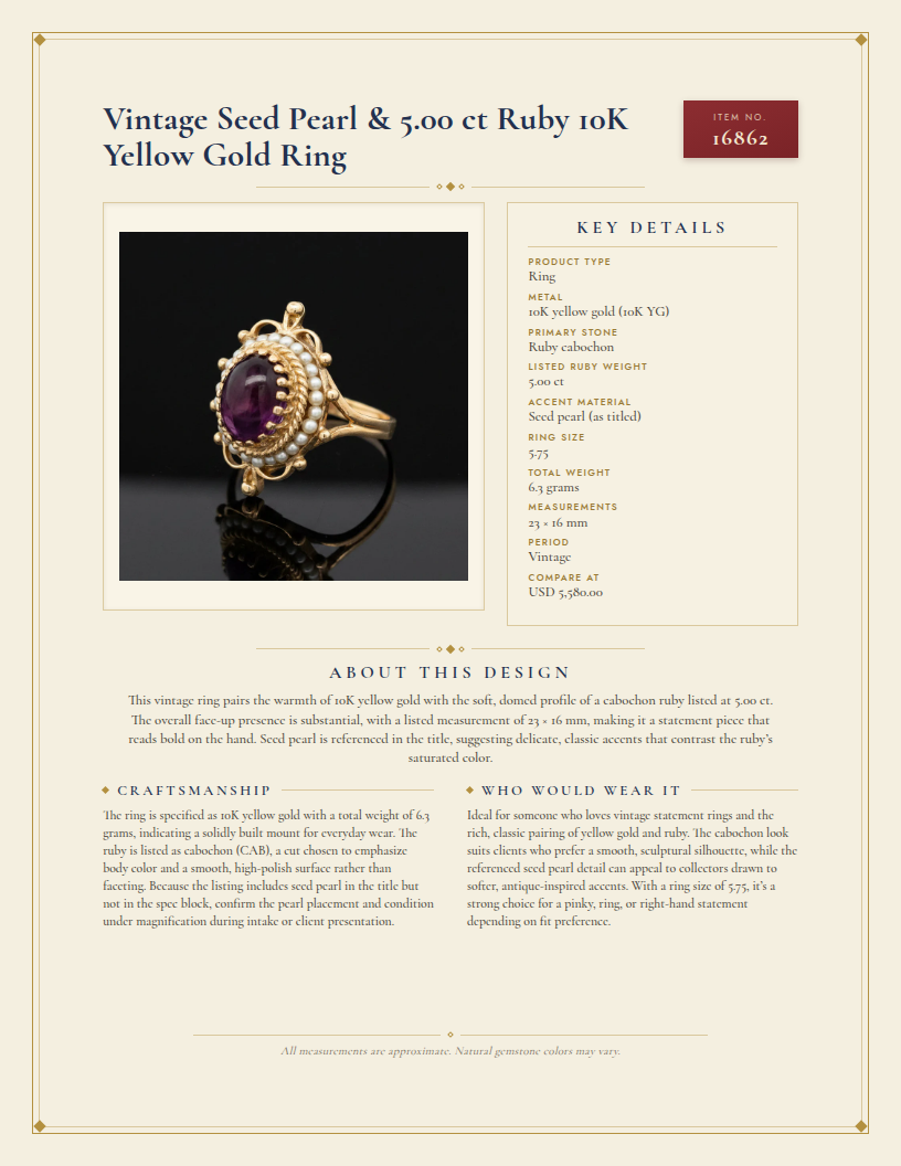 Vintage  Seed Pearl & 5.00 ct Ruby 10K Yellow Gold Ring — anatomy card