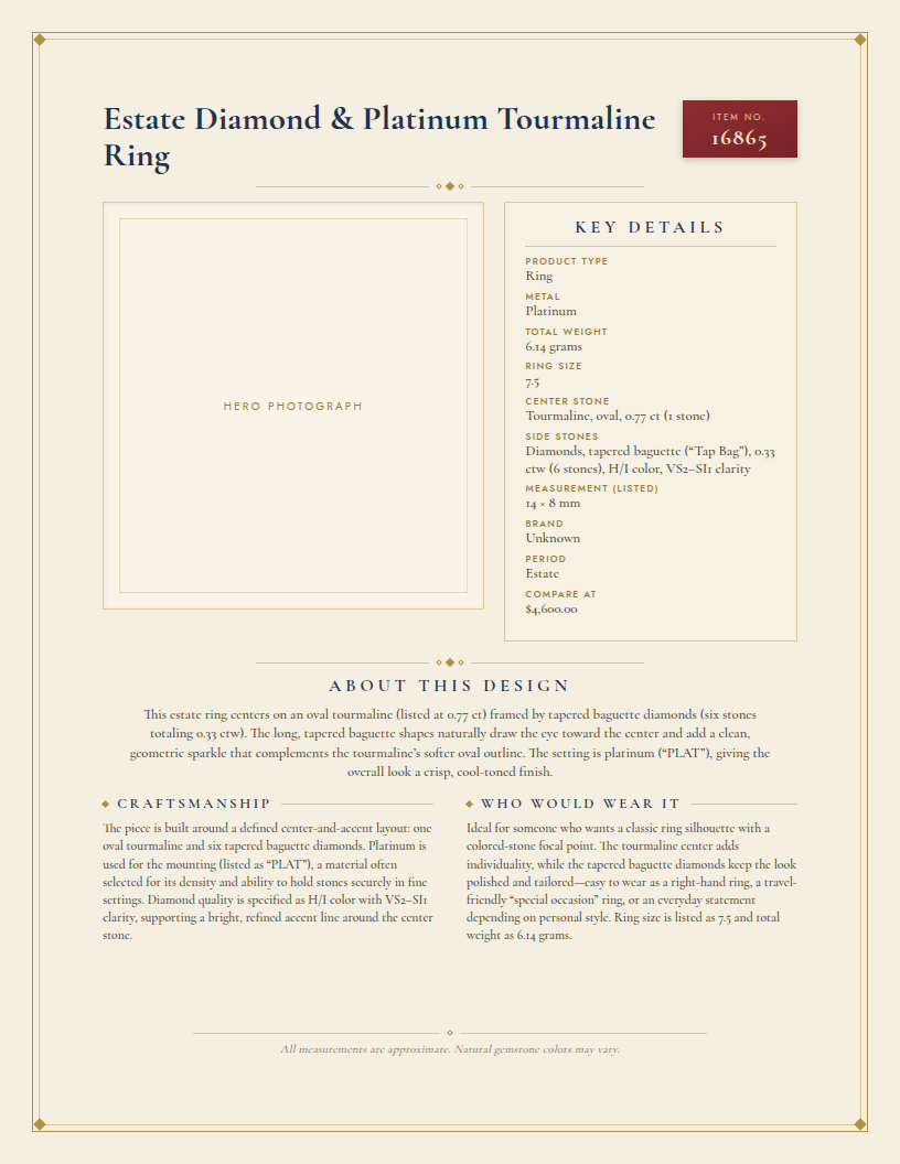 Estate Diamond & Platinum Tourmaline Ring — anatomy card