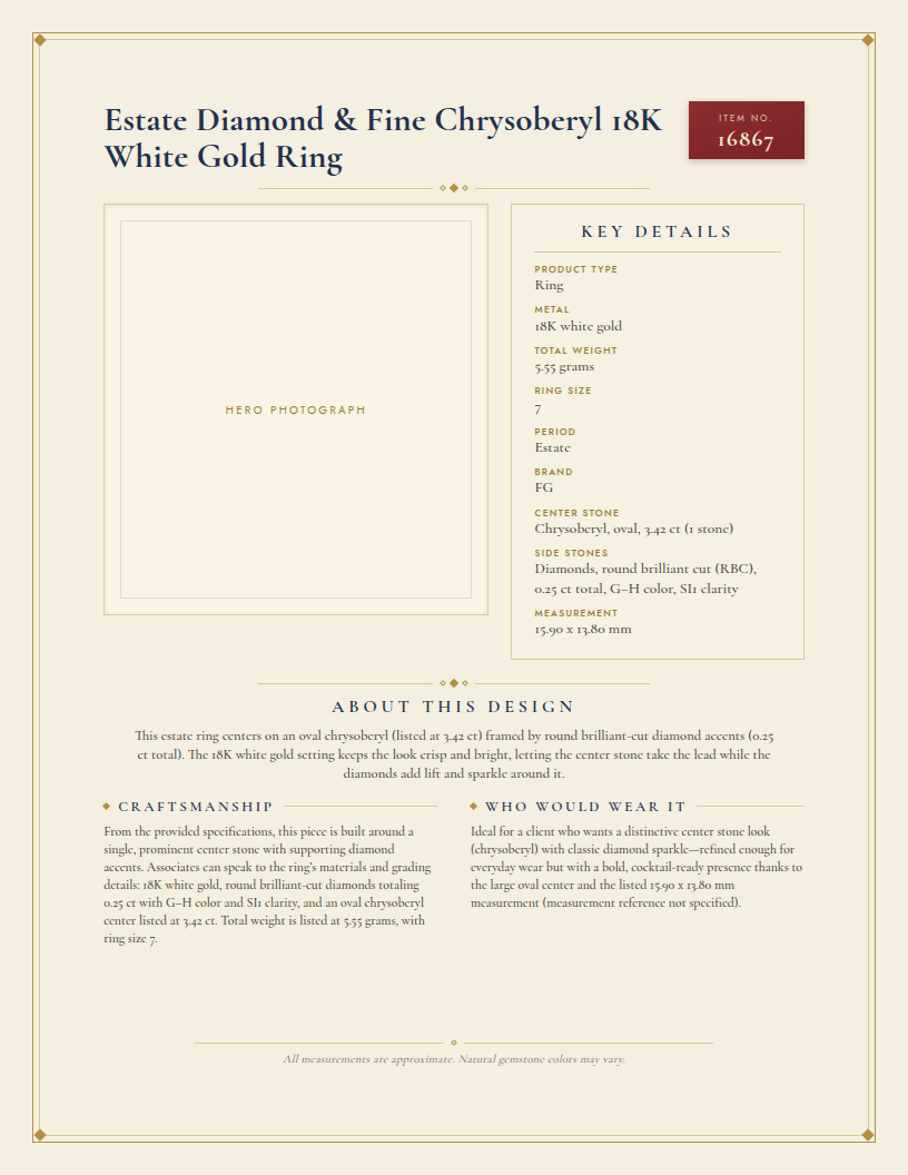 Estate Diamond & Fine Chrysoberyl 18K White Gold Ring — anatomy card