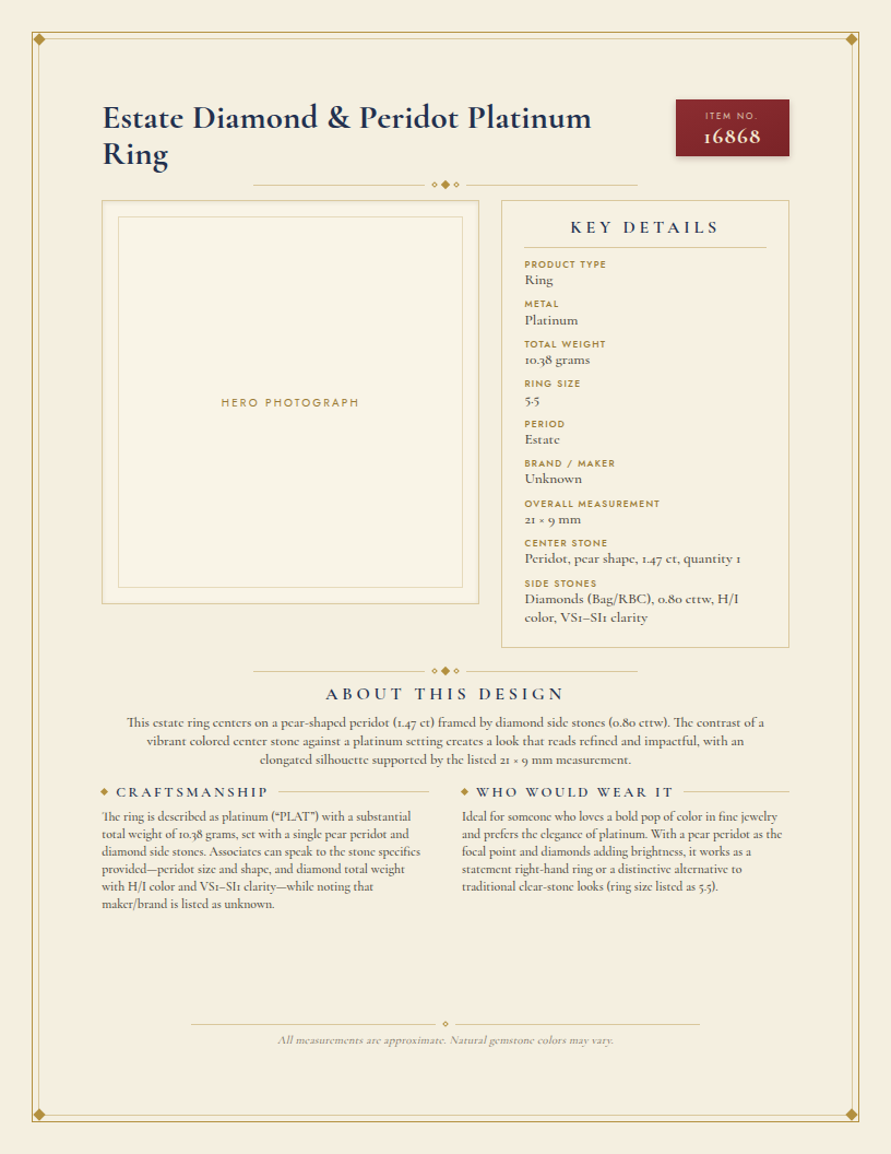 Estate Diamond & Peridot Platinum Ring — anatomy card