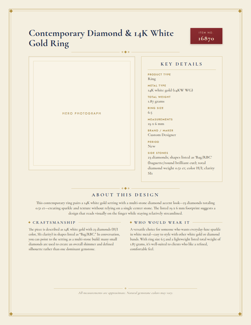 Contemporary Diamond & 14K White Gold Ring — anatomy card