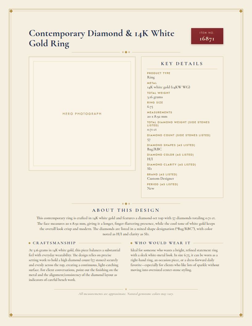 Contemporary Diamond & 14K White Gold Ring — anatomy card