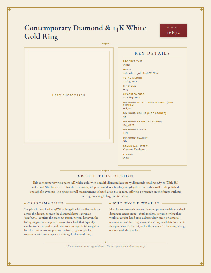 Contemporary Diamond & 14K White Gold Ring — anatomy card