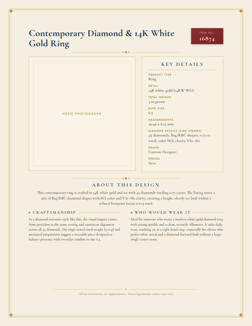 Contemporary Diamond & 14K White Gold Ring — anatomy card