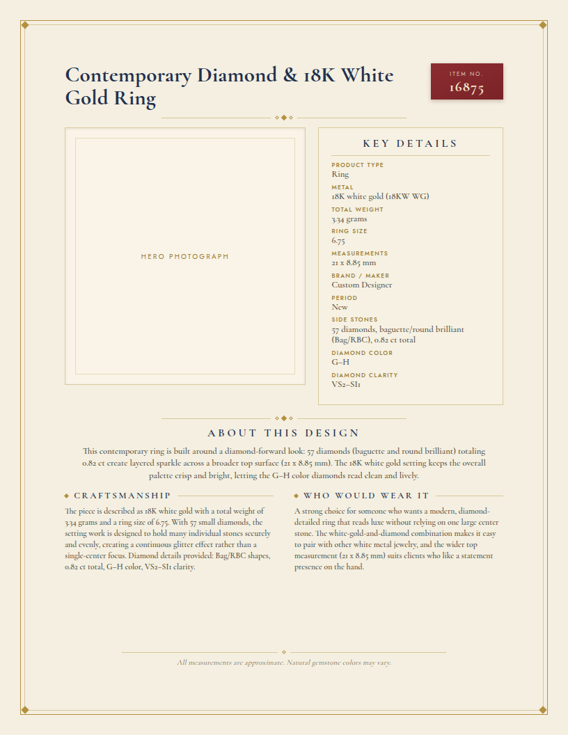 Contemporary Diamond & 18K White Gold Ring — anatomy card