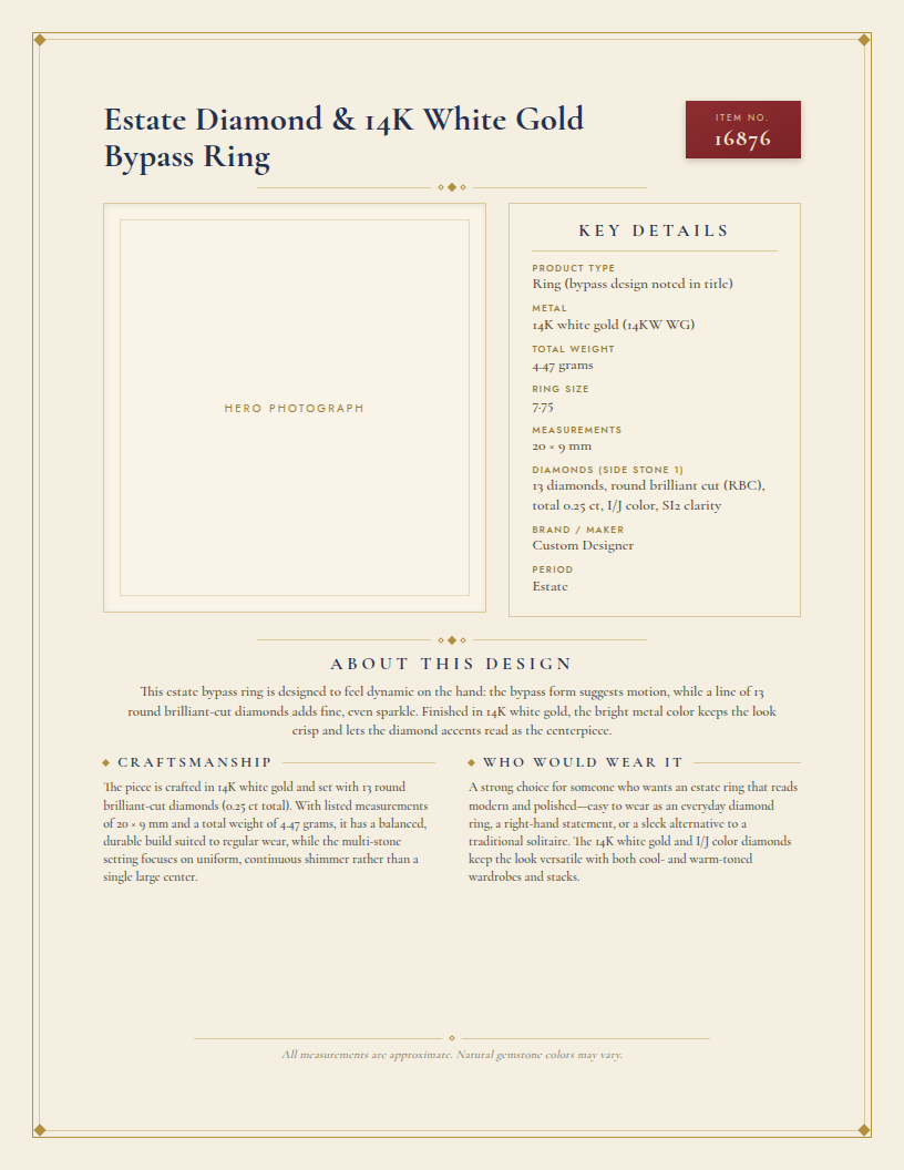 Estate Diamond & 14K White Gold Bypass Ring — anatomy card