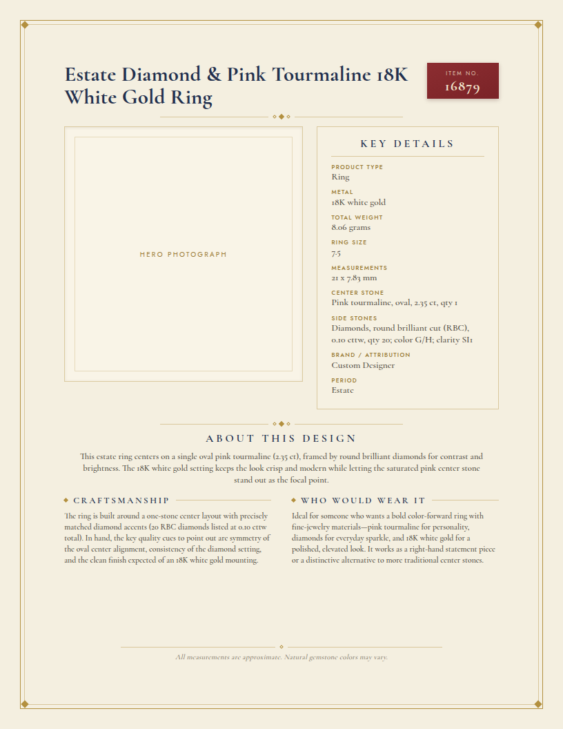 Estate Diamond & Pink Tourmaline 18K White Gold Ring — anatomy card