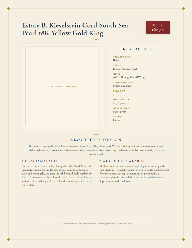Estate B. Kieselstein Cord South Sea Pearl 18K Yellow Gold Ring — anatomy card