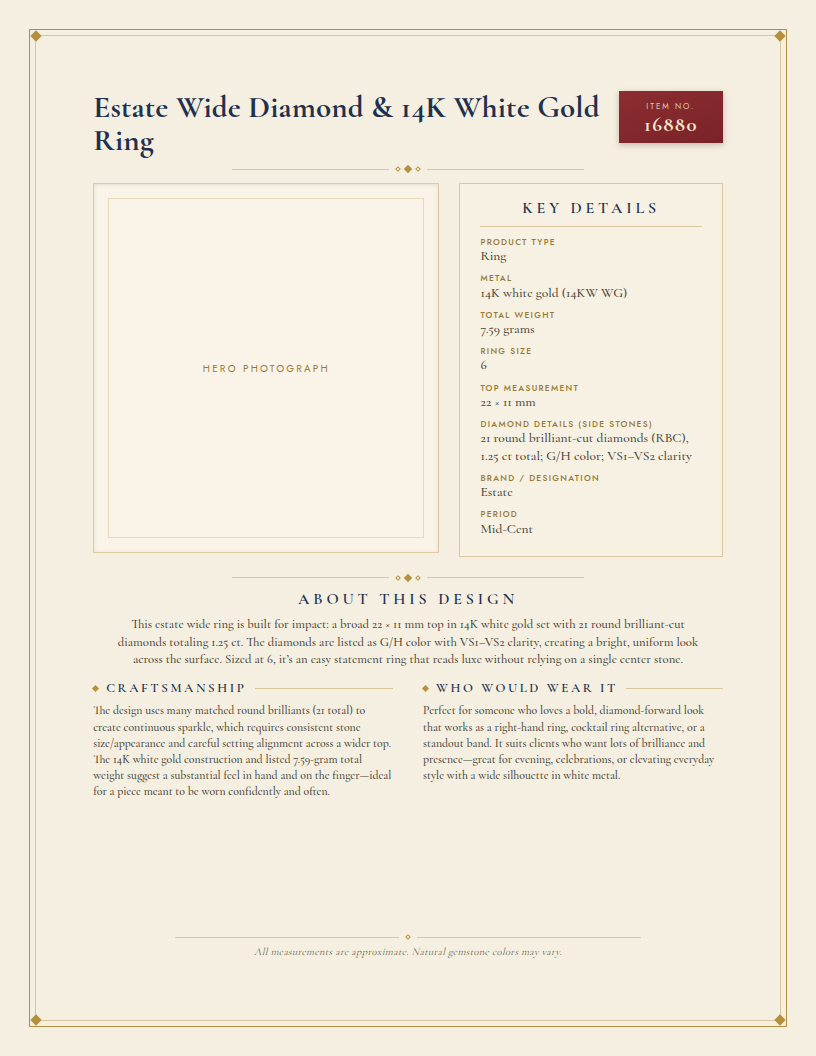 Estate Wide Diamond & 14K White Gold Ring — anatomy card