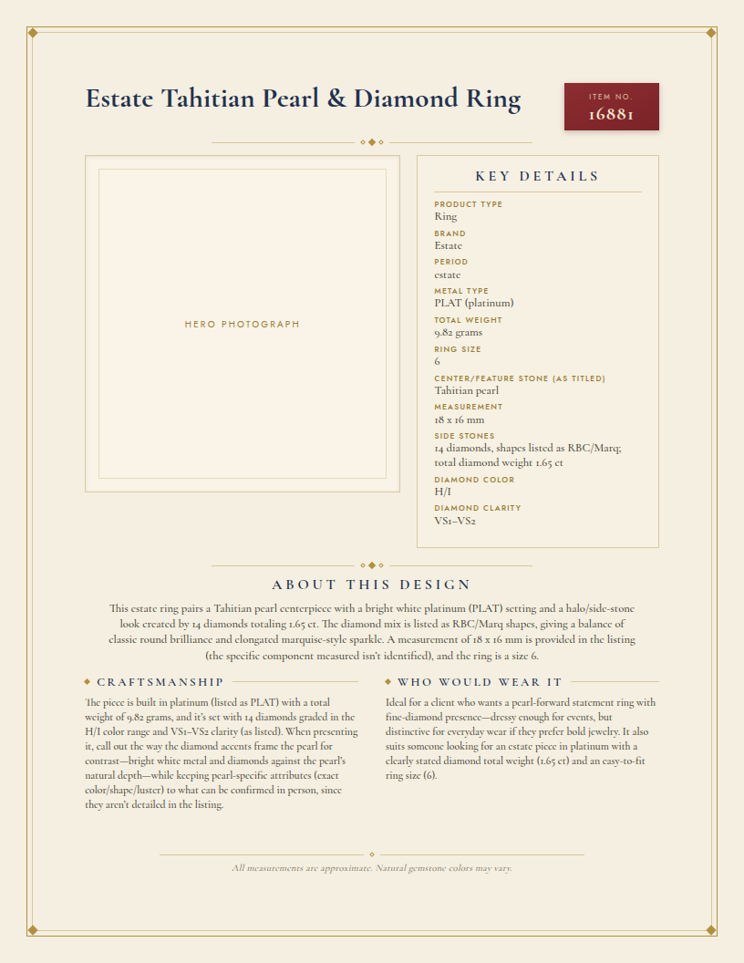 Estate Tahitian Pearl & Diamond Ring — anatomy card