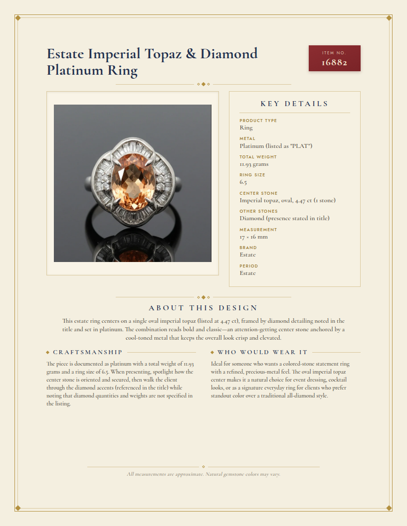 Estate Imperial Topaz & Diamond Platinum Ring — anatomy card