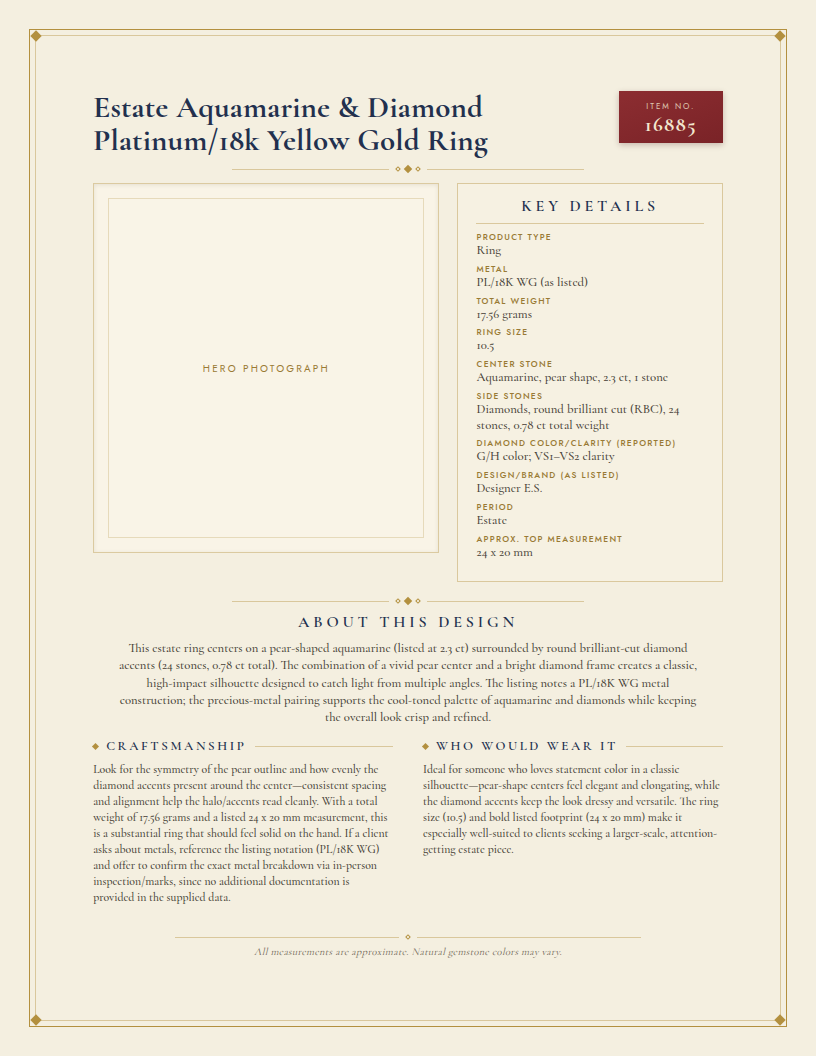 Estate Aquamarine & Diamond Platinum/18k Yellow Gold Ring — anatomy card