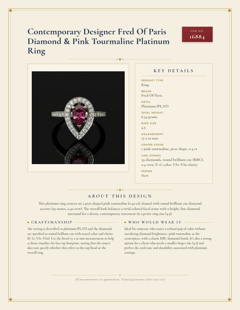 Contemporary Designer Fred Of Paris Diamond & Pink Tourmaline Platinum Ring — anatomy card
