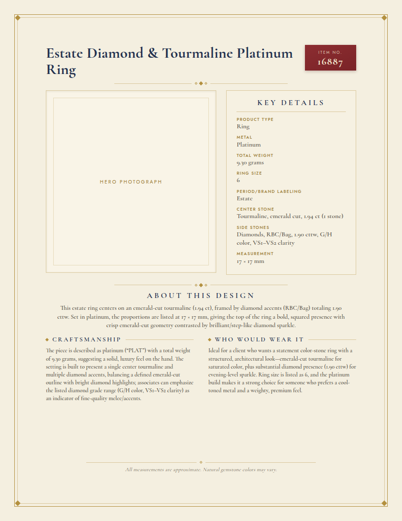 Estate Diamond & Tourmaline Platinum Ring — anatomy card