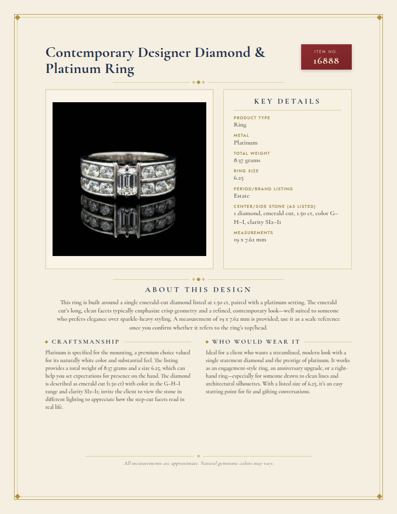 Contemporary Designer Diamond & Platinum Ring — anatomy card