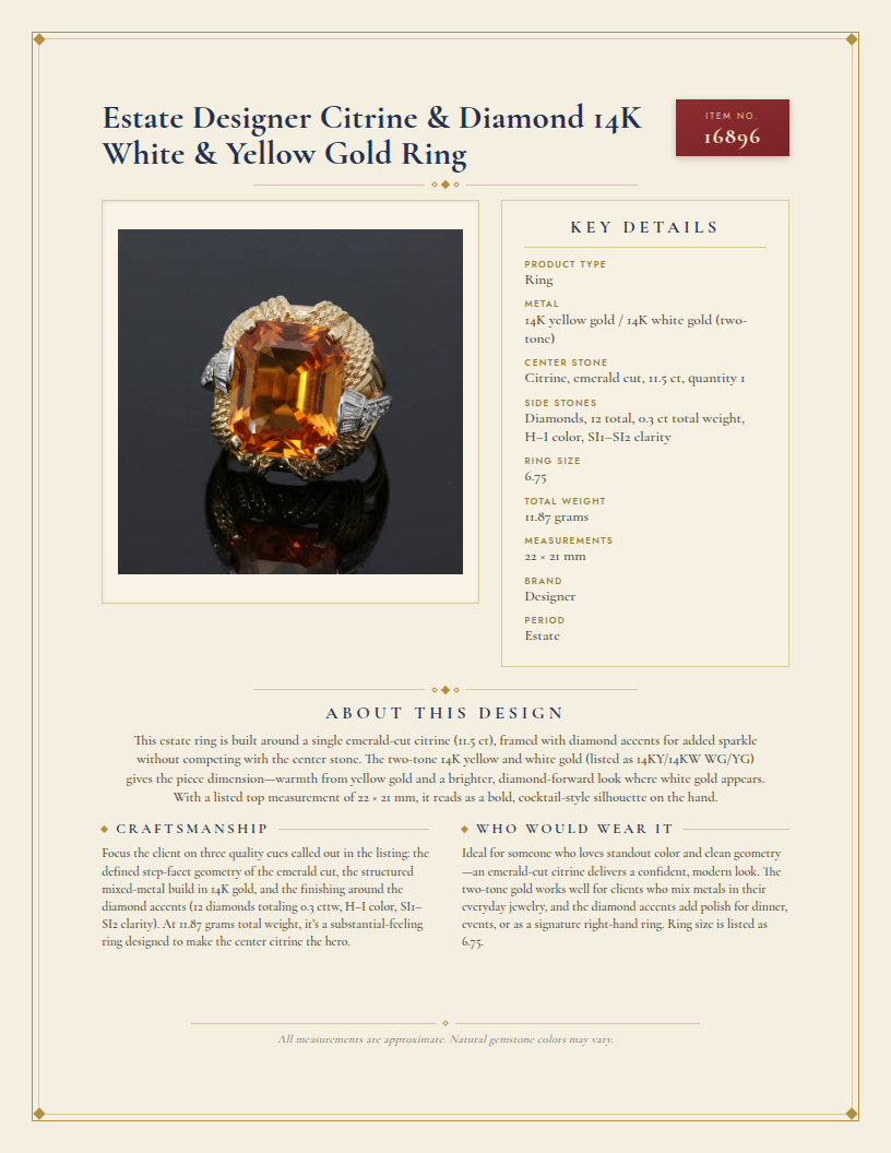 Estate Designer Citrine & Diamond 14K White & Yellow Gold Ring — anatomy card