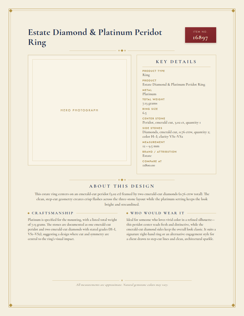 Estate Diamond & Platinum Peridot Ring — anatomy card