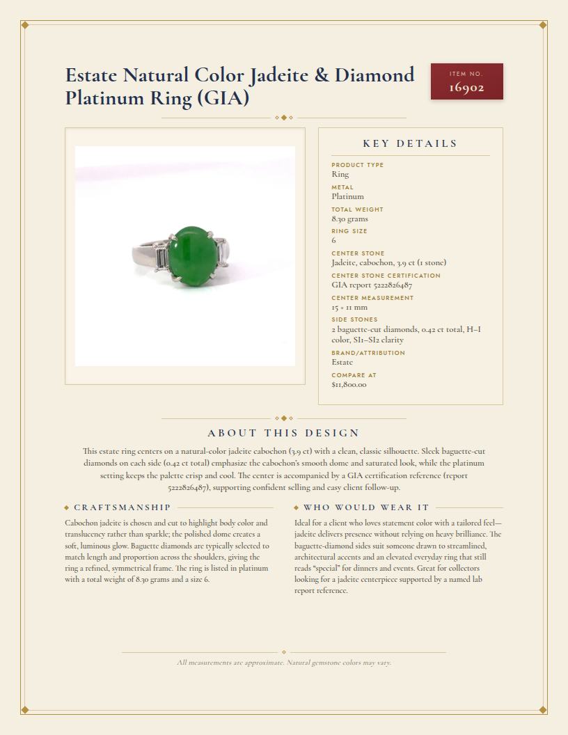 Estate Natural Color Jadeite & Diamond Platinum Ring (GIA) — anatomy card