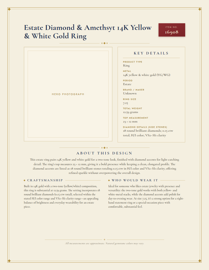 Estate Diamond & Amethsyt 14K Yellow & White Gold Ring — anatomy card