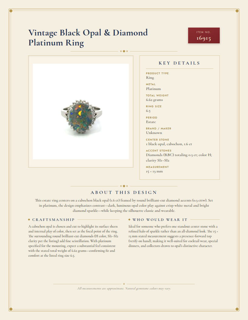 Vintage Black Opal & Diamond Platinum Ring — anatomy card