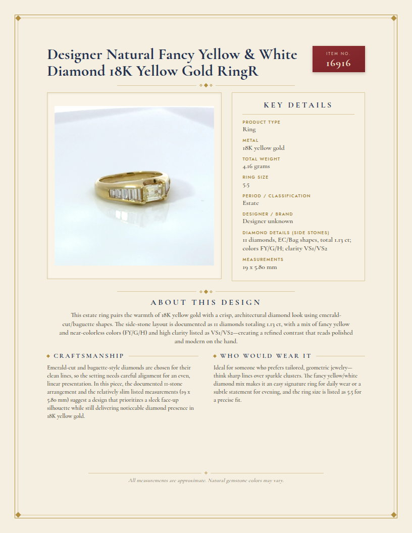 Designer Natural Fancy Yellow & White Diamond 18K Yellow Gold RingR — anatomy card