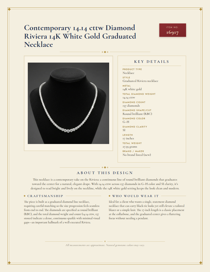 Contemporary 14.14 cttw Diamond Riviera 14K White Gold Graduated Necklace — anatomy card