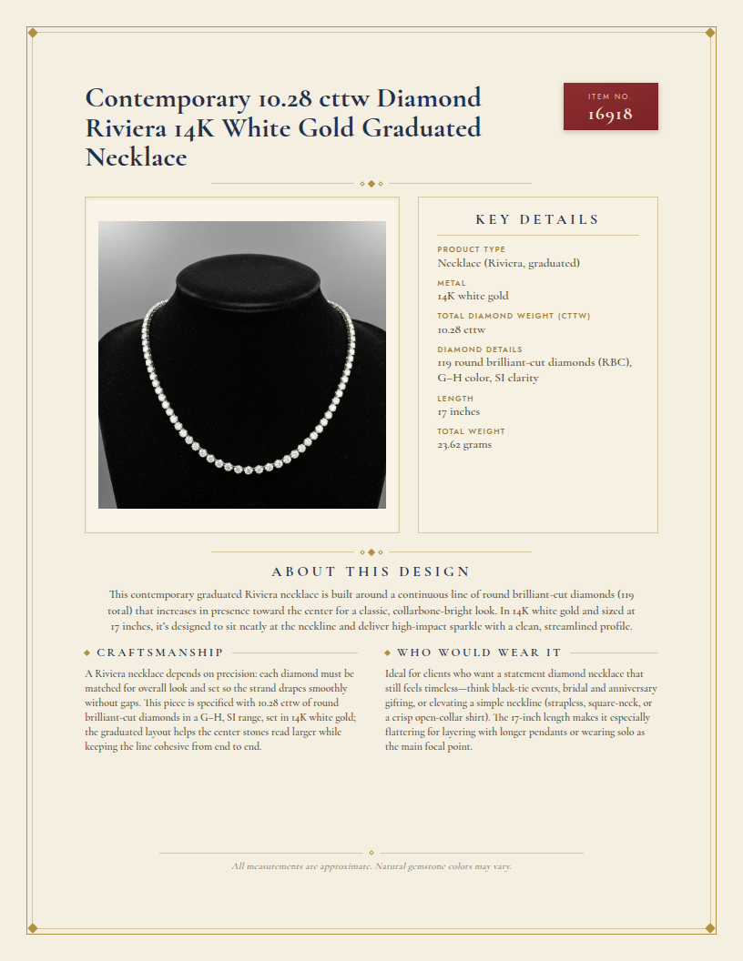Contemporary 10.28 cttw Diamond Riviera 14K White Gold Graduated Necklace — anatomy card