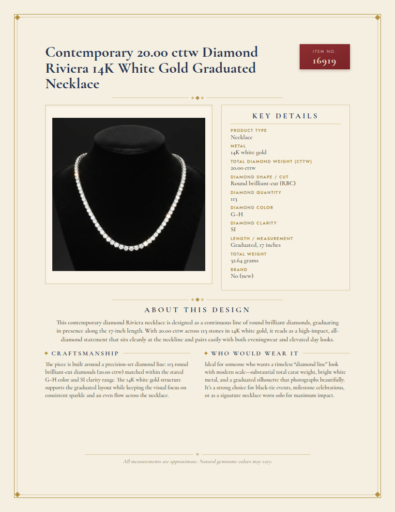 Contemporary 20.00 cttw Diamond Riviera 14K White Gold Graduated Necklace — anatomy card