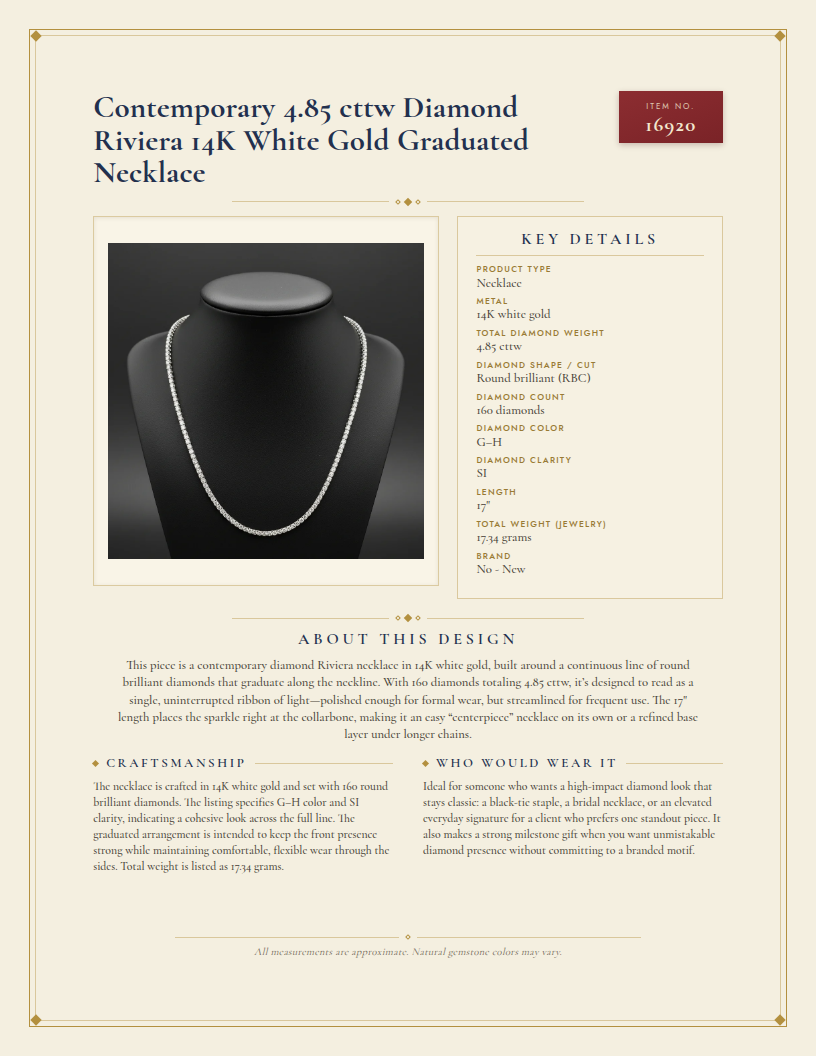 Contemporary 4.85 cttw Diamond Riviera 14K White Gold Graduated Necklace — anatomy card
