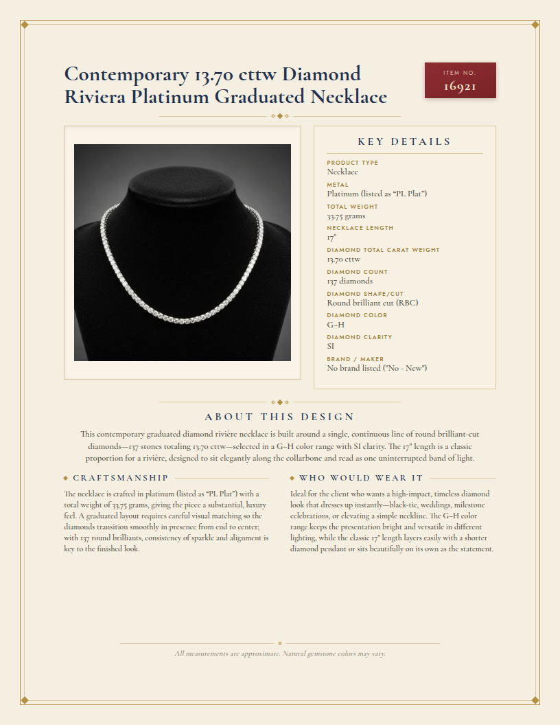 Contemporary 13.70 cttw Diamond Riviera Platinum Graduated Necklace — anatomy card