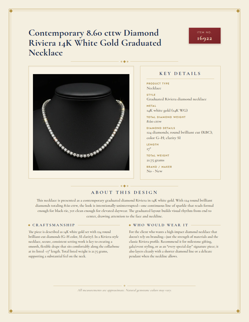 Contemporary 8.60 cttw Diamond Riviera 14K White Gold Graduated Necklace — anatomy card