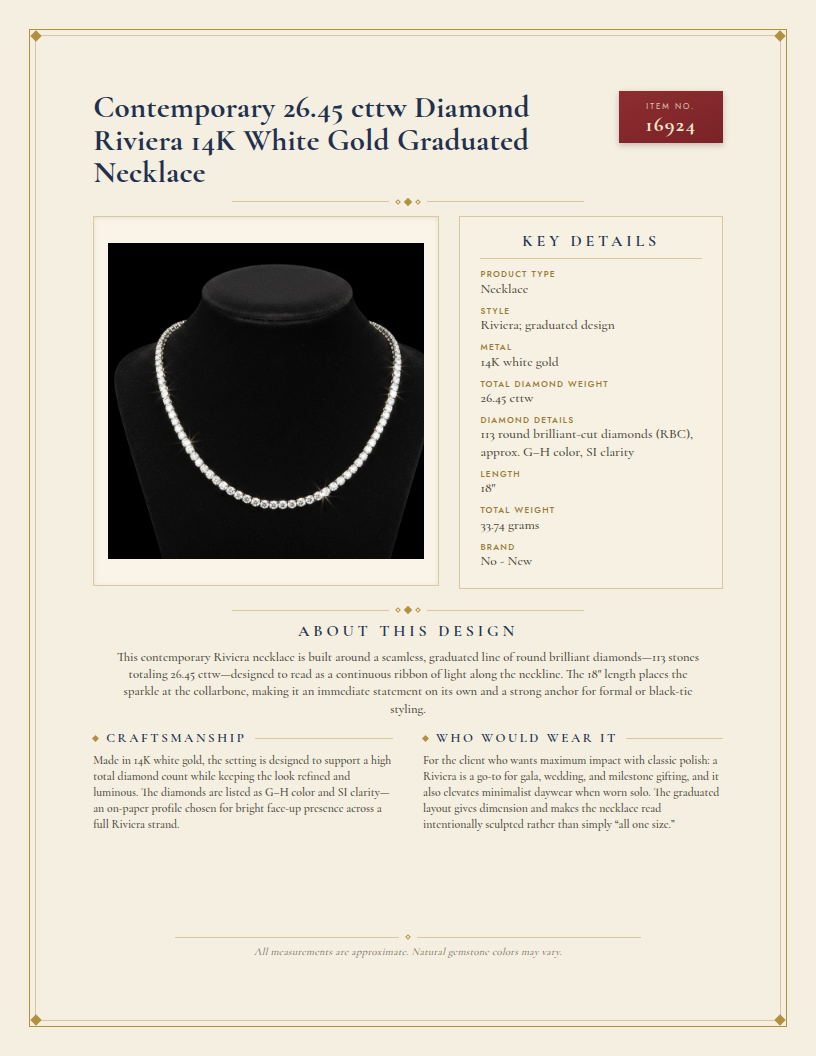 Contemporary 26.45 cttw Diamond Riviera 14K White Gold Graduated Necklace — anatomy card