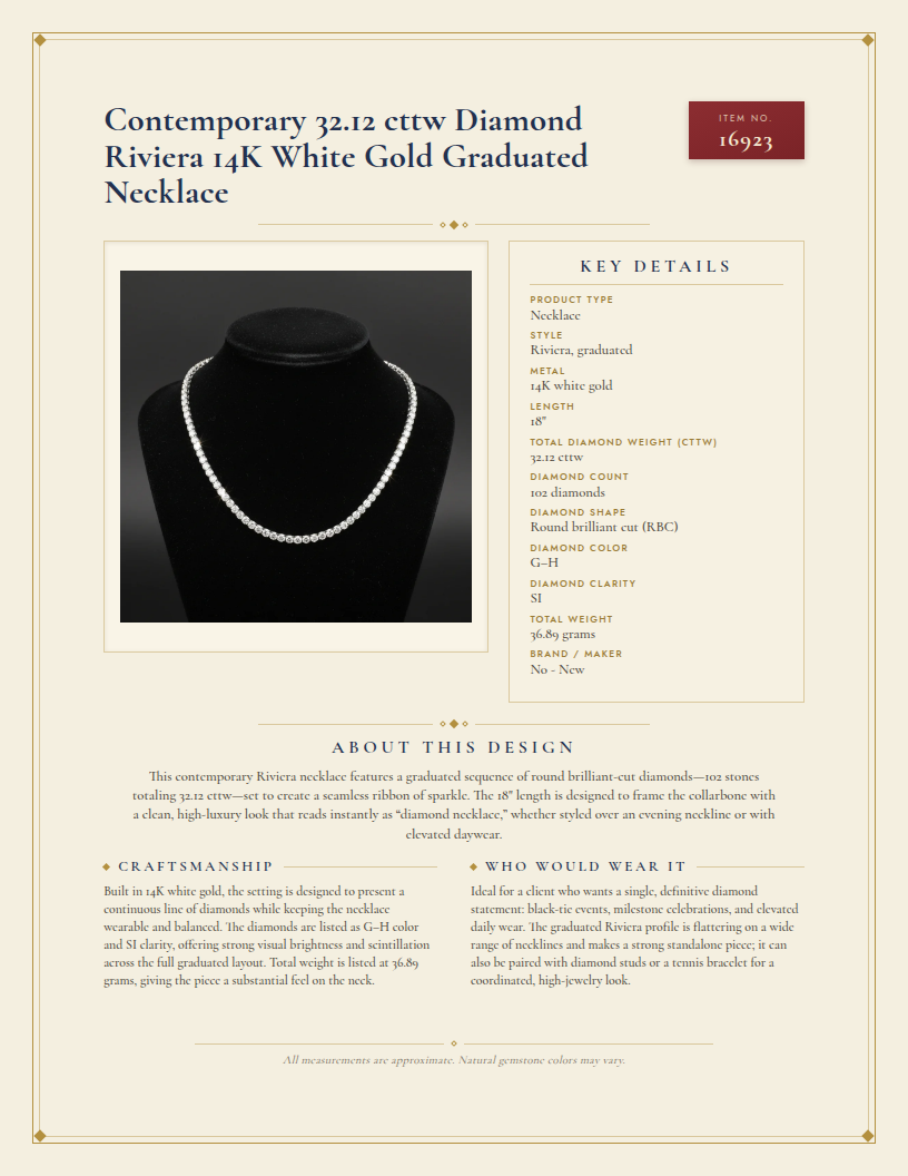 Contemporary 32.12 cttw Diamond Riviera 14K White Gold Graduated Necklace — anatomy card