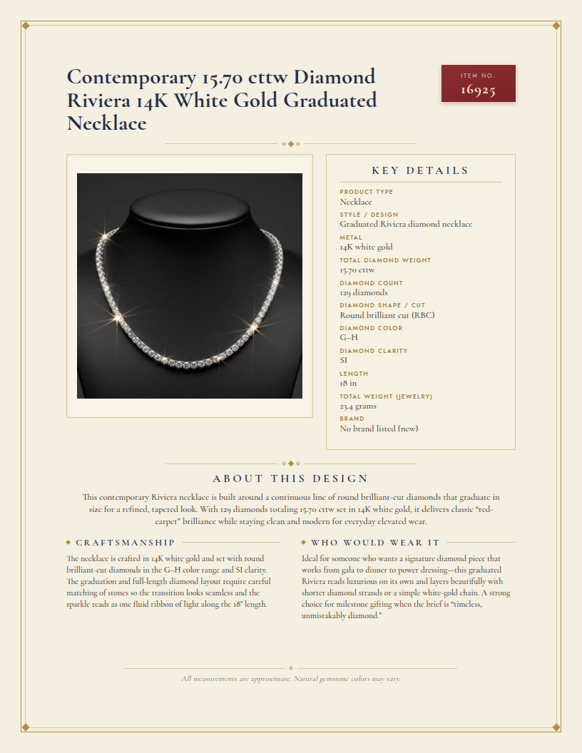 Contemporary 15.70 cttw Diamond Riviera 14K White Gold Graduated Necklace — anatomy card