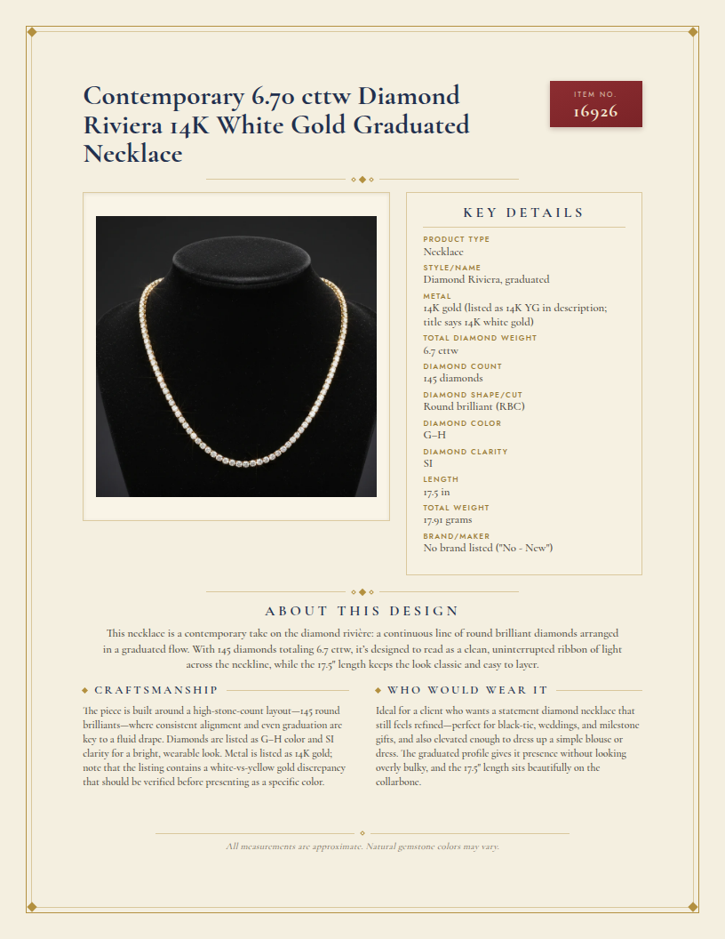 Contemporary 6.70 cttw Diamond Riviera 14K White Gold Graduated Necklace — anatomy card