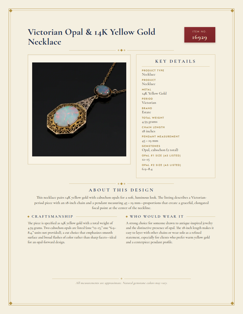 Victorian Opal & 14K Yellow Gold Necklace — anatomy card