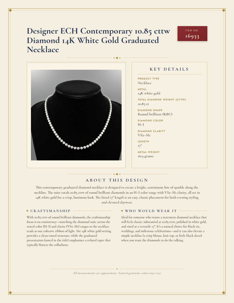 Designer ECH Contemporary 10.85 cttw Diamond 14K White Gold Graduated Necklace — anatomy card