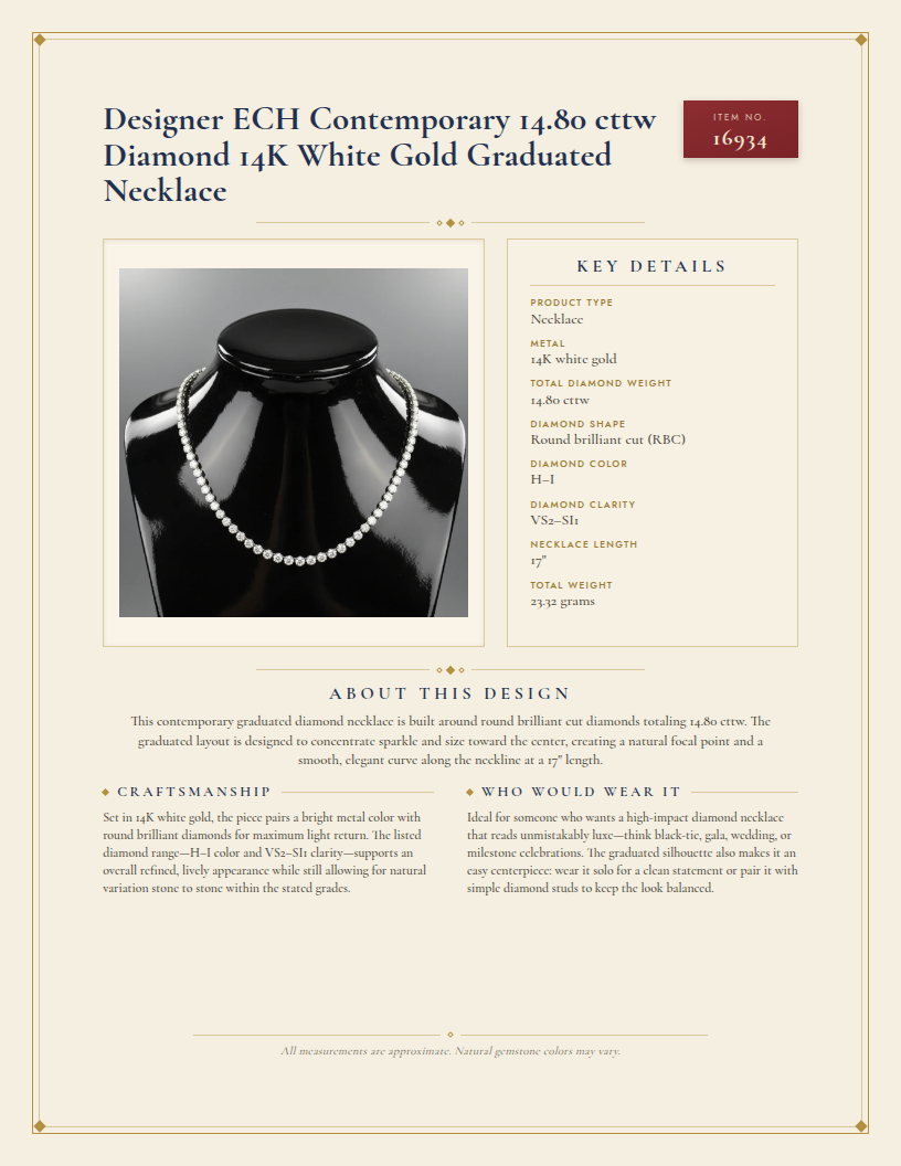 Designer ECH Contemporary 14.80 cttw Diamond 14K White Gold Graduated Necklace — anatomy card