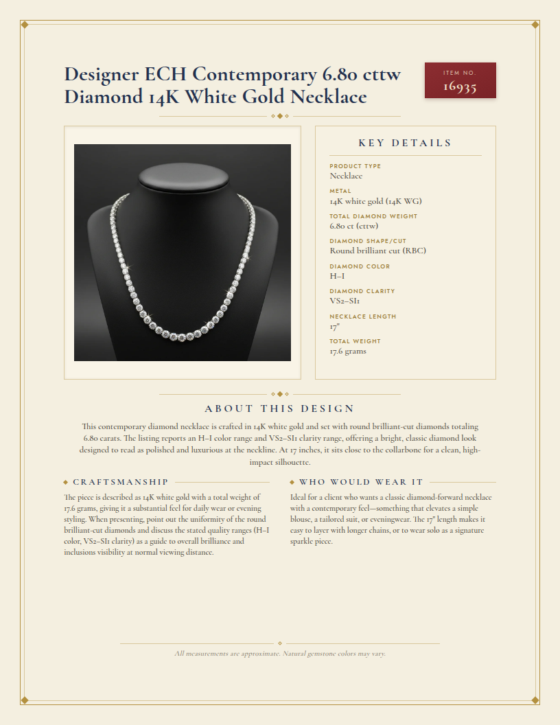 Designer ECH Contemporary 6.80 cttw Diamond 14K White Gold Necklace — anatomy card